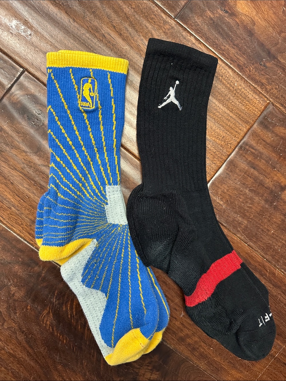 Jordan Men's Black Crew Sock with Red Stripe & NBA Blue/Yellow Patterned Sock